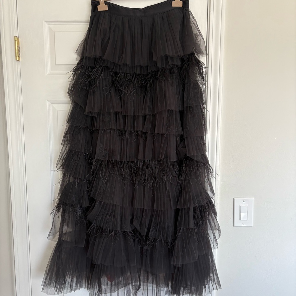 Brunello Cucinelli Black Feather Trim Tiered Tulle Maxi Skirt